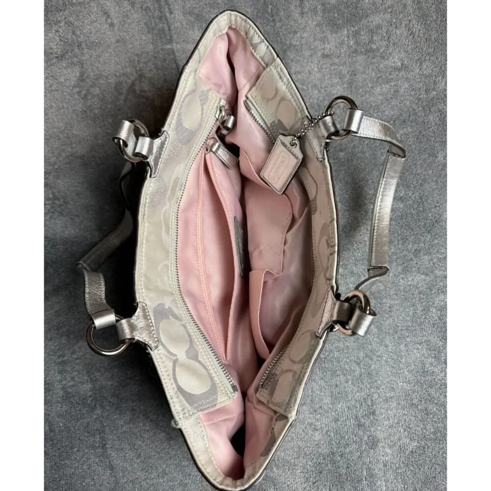 Coach Silver Metallic Signature Jacquard Tote Shoulder Bag Pink